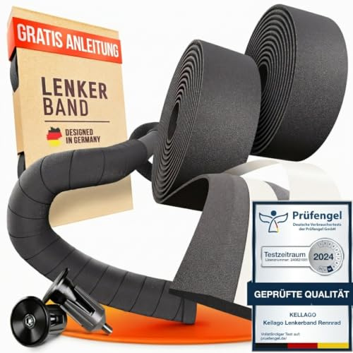 Kellago Lenkerband Rennrad schwarz inkl. Endkappen, Montage-E-Book & 4x Klebestreifen - Fahrrad Lenkerband - Griffband Rennrad Fahrradlenkerband