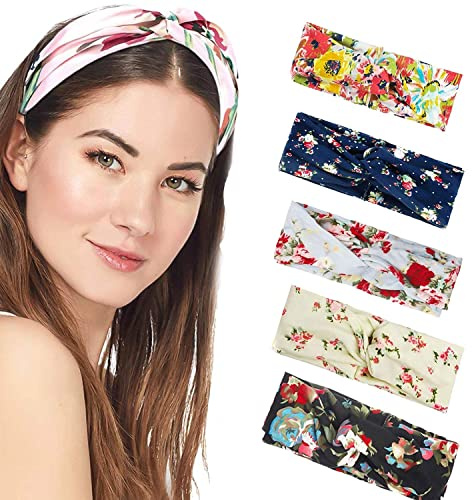 Headband Women Vintage Flower Headband Printed Head Scarf Elastic Hairband，Bandana Boho Hairbands Hair Accessories，5Pcs