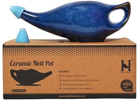 HealthGoodsIn Ceramic Neti Pot, Premium Handcrafted Durable, Dishwasher Safe with 2 Silicone Nozzle Tip, 225 Ml. (7.6 FL Oz) Capacity (Elegant Blue Gradient)