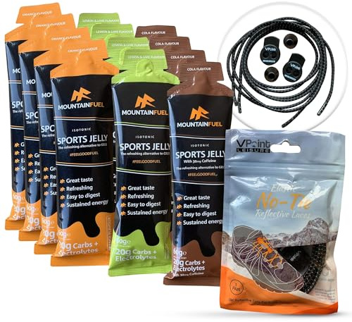 Mountain Fuel Isotonic Sports Jelly - The Refreshing Alternative to Energy Gels (Pack of 12 Mixed Flavours). Bundled with a Pair of VPoint Leisure No-Tie Elastic Shoe Laces