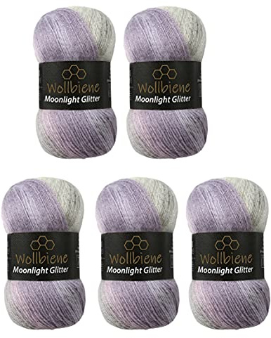 Moonlight Glitter Batik Simli 5 x 100g Strickwolle 500 Gramm Wolle zum Stricken und Häkeln 20% Wolle Metallic-Wolle Farbverlaufswolle Glitzerwolle (2700 rose grau)