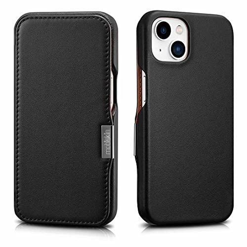 Mobiskin Hülle für iPhone 13 MINI (5,4), Case mit Leder, Schwarz | Handyhülle mit echtem Leder, Schutzhülle, dünne Handy-Tasche, slim Cover, Klapphülle, Etui seitlich aufklappbar