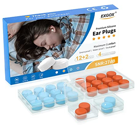 EXGOX 14 Pairs Silicone Ear Plugs for Sleeping Noise Cancelling Reusable Moldable Wax Earplugs for Swimming, Work, Airplane, SNR27dB(Blue, Orange)