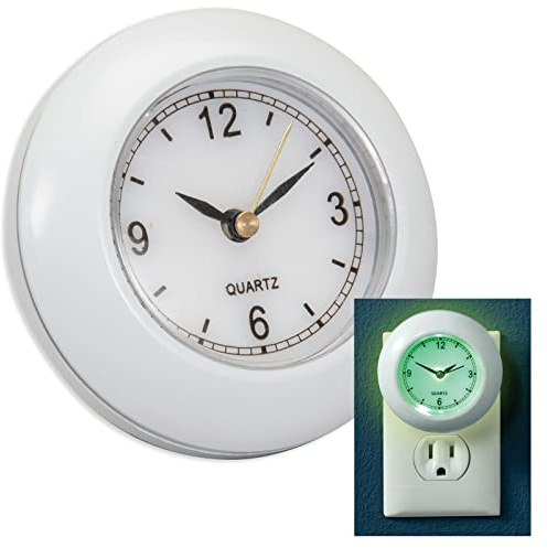 Bits and Pieces Plug in Night Light with Clock - Glow in The Dark, Bathroom Night Light, Battery Backup, Energy Efficient, 3 Analog Clock Face High Visibility - Nightlight for Kids Room