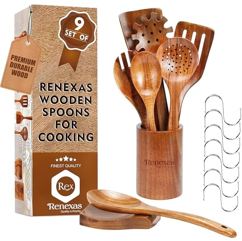 Kitchen Utensils Set, 9 Piece Teak Wooden Utensil Set for Cooking, Premium Teak Cooking Utensils, Non Toxic Wooden Spoons & Spatulas, Heat Resistant Kitchen Tools for Nonstick Cookware