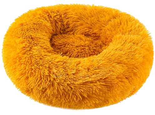 HUAXIQUE Kuscheliges Hundebett Hundebett Rund Hundekissen Plüsch Donut undekissen Waschbar Flauschig Hundematte Flauschiges Hundebett 60cm Goldgelb