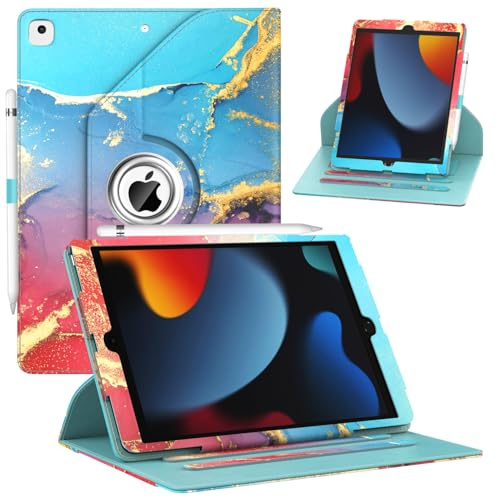 ZoneFoker Case for iPad 9th/8th/7th Generation, iPad 10.2 inch Case 2021/2020/2019, 360 Degree Rotating Stand, iPad 9 8 7 Gen 10.2 Leather Cover with Pocket Design & Pencil Holder, Marble Teal Red