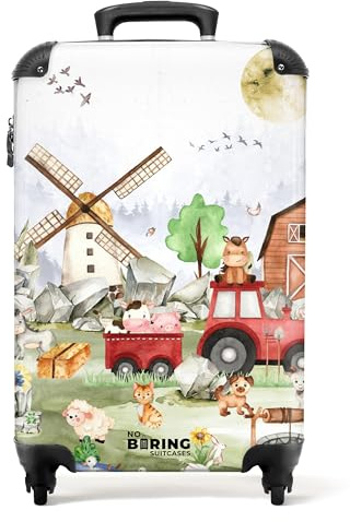 NoBoringSuitcases© Kinderkoffer | 55x40x20 cm - Handgepäck Trolley, Kinderkoffer Jungen - Kindertrolley - Bauernhoftiere - Leicht - Fotokoffer, 10 kg