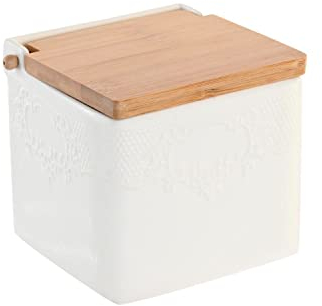 DKD Home Decor Salero con Tapa de la Marca, Color Blanco, de bambú y Porcelana (10,5 x 9 x 9 centímetros)
