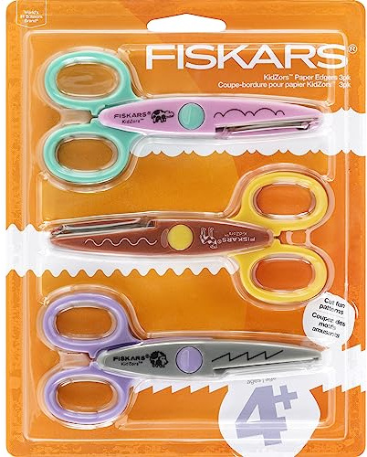 Fiskars Decorative Edge Craft Scissors for Kids Ages 4-7, Craft Scissors for Kids, Zoo Animal Pattern Design with Zig Zag Edges, 3-Pack