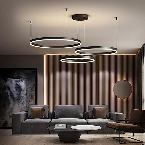 YUPIN Pendelleuchte LED Dimmbar Metall ring Hängeleuchte Wohnzimmerlamp Hoehenverstellbar Hängelampe Esszimmerlampe Acryl Kronleuchte Mit Fernbedienung Café Bar Küche Büro Deckenleuchte Schwarz