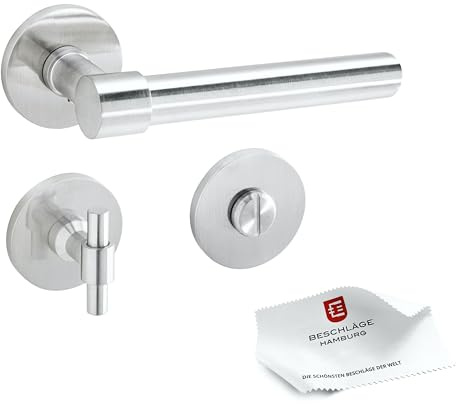 Beschläge Hamburg: Türgriffe/Türbeschlag One L — IO 07Z VAM WC/Bad — Türklinke ø 20 x 140 mm mit Verriegelung für Zimmertüren — Drückergarnitur/Türdrücker für Innentüren, ø 53 x 6 mm in Edelstahl matt