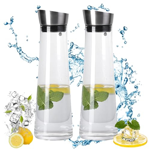 LDHHYH Pack de 2 Botella Agua Cristal 1 L, Jarra de Agua con Tapa Acero Inoxidable, Botella Transparente para Te Helado Leche Vino Mesa Cocina Hogar Frigorifico Servicio Diario