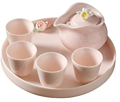 Duiaynke Teeservice rosa langlebige Blumendekoration, inklusive 1 Wasserkocher, 4 Tassen und Serviertablett für Hochzeitsgeschenk, Party (Stil A)