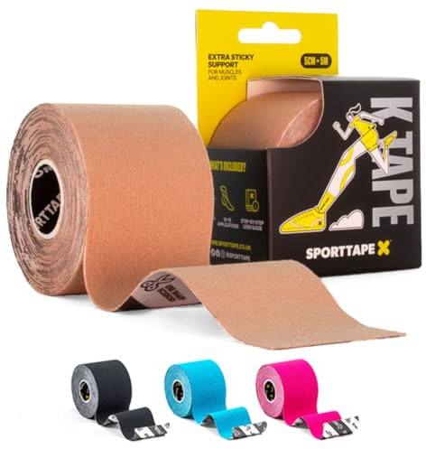 SPORTTAPE Bande kinésiologique - Beige - 5 cm x 5 m | Bande de kiné et strapping sportif pour genou, épaule, cheville, dos | Étanche, hypoallergénique, soutien musculaire et articulaire