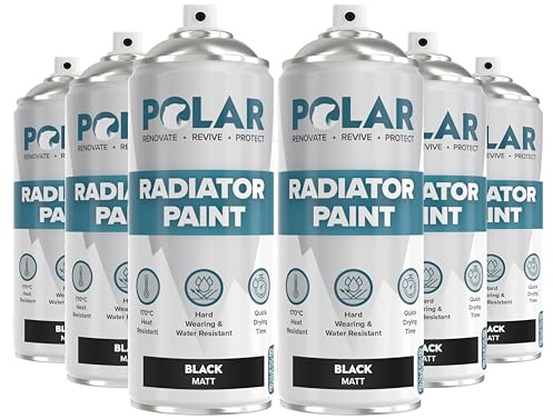 Polar Radiator Spray Paint, 3-in-1, 6 x 400ml, Black, Matt Finish | 3-in-1 Heat Resistant Radiator Paint, Primer, Undercoat and Topcoat, Up to 170 Degrees, Hot Pipes, Towel Rails