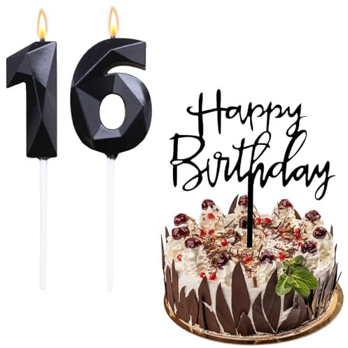Bolosa Geburtstagskerzen mit Zahlen, Torten Deko für Mädchen zum 16. Geburtstag, Happy Birthday Tortendekoration (Schwarz)