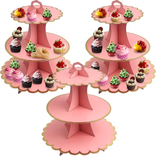 Roellgs 3 Pack Round Cardboard Cupcake Stand, 3-Tier Silver Cupcake Holder Dessert Tower for 24 Cupcakes, Perfect for Wedding, Birthday Party, Baby Shower and Graduation (Lace Pink)