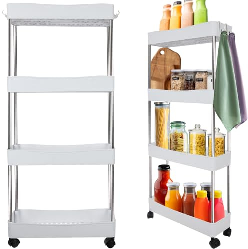 MT MALATEC Rollwagen Küche Bad Modular 4 Ebenen Haken Stehend Schmal mit Rollen Aufbewahrungswagen Weiß 24291