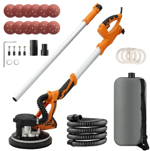 Drywall Sander,1250W Electric Drywall Sander with Vacuum Auto Dust Collection, xtension Handle,LED Light,12 Pcs Sanding Discs,5 Variable Speed,Variable Speed 800-1800RPM