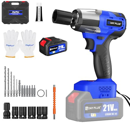 AUTOFU Cordless Impact Wrench, 450N.m Brushless 1/2 Power Battery Impact Gun w/ 3.0 Battery, 2 Speeds 0-2500RPM, 4 Sockets, 12 Drill Accessories, High Power Impact Wrench for Car Home, Blue
