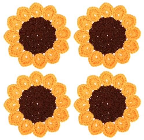 kilofly Set di 4 sottobicchieri all'uncinetto a forma di girasole per bevande, 13 cm, centrini fatti a mano