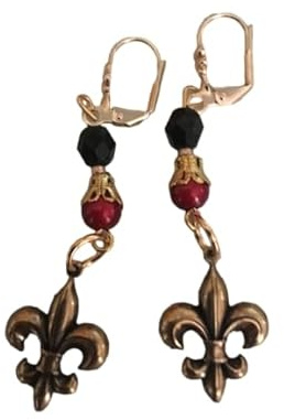 Boucles d'oreilles pendantes, fleur de lys, perles noires et rouges
