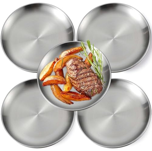 GOMETY 5 Stück Edelstahl Rundes Geschirr, 20cm Edelstahl Teller, Matte Runde Servierplatte, Silber Unterteller Pizzablech Camping Metallteller für Camping Picknick Wandern Abendessen Snacks Partys