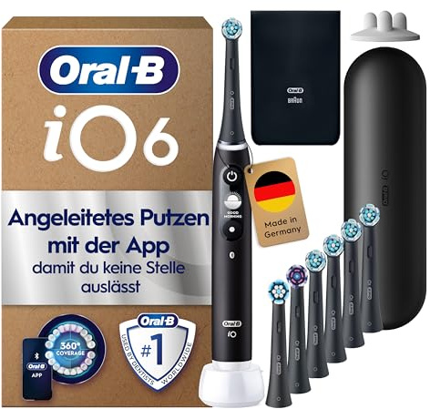 Oral-B iO Series 6 Elektrische Zahnbürste Schwarz PLUS Ausgewählte Original Oral-B iO Aufsteckbürsten Schwarz 7x