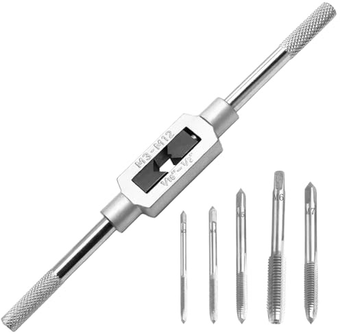 Piutouyar M3-12 Adjustable Tap Wrench Handle with M3 / M4 / M5 / M6 /M8 Taps, 1/16-1/4 Tap Handle Reamer Wrench Profesional Tool Set (6 Pack)