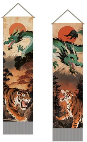 SUPERDANT 2 pz. Arazzo Da Parete con Drago e Tigre Arazzi Murali con Sole di Montagna Confezione Da Tappeto Samurai Spirit Arazzo Lungo Da Parete con Motivo A Nappa per casa Soggiorno 130x33cm