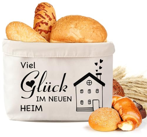 QXRXN Brotkorb Stoff Einzugsgeschenke Wohnung Lustig Viel Glück im Neuen Heim, Brötchenkorb Geschenk zum Einzug ins Haus, Brottasche Geschenk zum Umzug In Ein Neues Haus Einweihungsgeschenk
