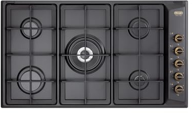 De'Longhi ANL 59 PRO Plan de Cuisson à Gaz 90 Cm, 5 Brûleurs dont 1 Double Couronne, Acier Émaillé Noir, Grilles en Fonte, Boutons en Laiton Patiné, Design Country