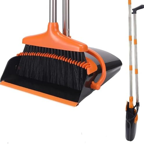 Tatxmalv Set Scopa e Paletta di Alta Qualità, Kit di Pulizia in Acciaio Inox, Lunghezza Regolabile Scopa, Paletta Richiudibile con Denti di Pettine, per Rimuovere Polvere, Capelli e Detriti (Arancia)