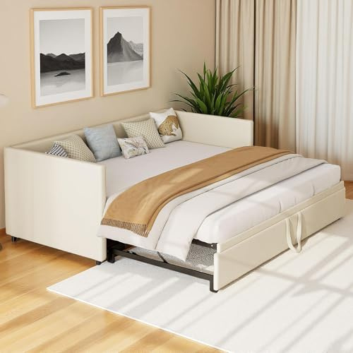 Schlafsofa 90/180x200cm mit Lattenrosten, Polsterbett mit Ausziehbett, Mehrzweck Schlafsofa，Klappsofa 2-Sitzer mit Rückenlehne aud Schlaffunktion, Samt, ohne Matratze (Beige, 213 x 183 x 74 cm)