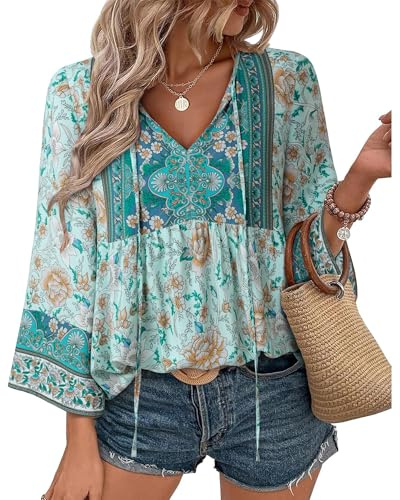 Unixseque Boho Tops for Women: Long Sleeve Summer Floral Vacation Blouses