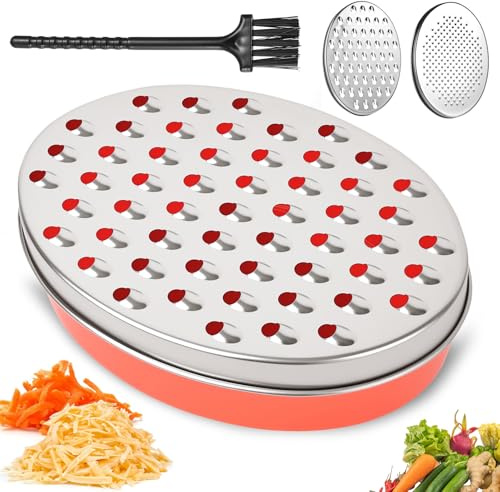 BieMian Stainless Steel Cheese Grater with Container & Lid (Red) | Stainless steel grater with container & lid. Shreds cheese, fruit & chocolate. Non-slip base, dishwasher safe, easy to store.