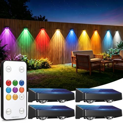 sununiny Solar Fence Lights Outdoor with Remote,4 Pack LED Solar Lights Outdoor Garden Waterproof IP65 with 9 Colors 11 Modes RGB Wall Fence Lights for Patio, Backyard, Porch & Pool Decor