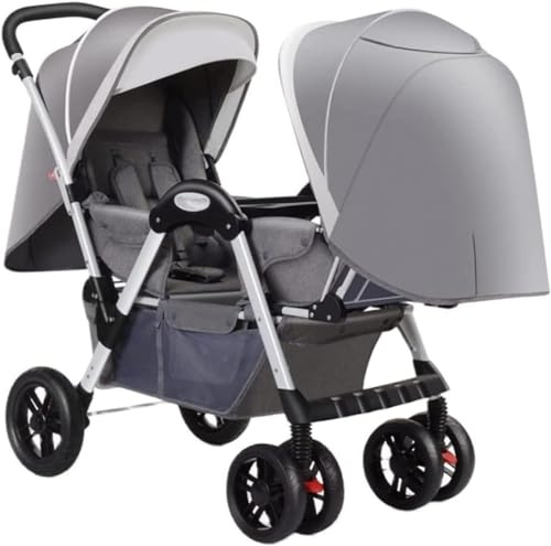 Doppelkinderwagen Für Zwillinge, Faltbarer Doppel-Tandem-Kinderwagen Mit Verstellbarer Rückenlehne, Leichter Zwillingskinderwagen Mit Aluminiumrahmen Und Aufbewahrungskorb, Grey