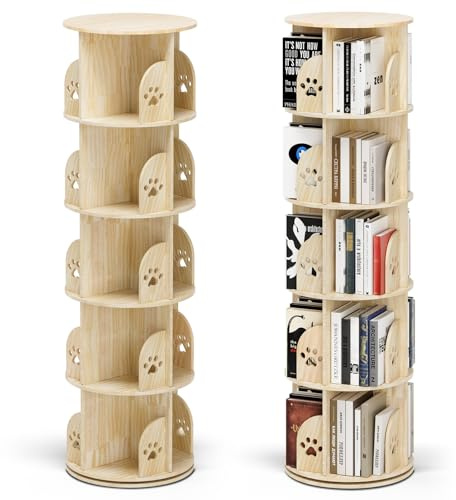 MINENICE 360° drehbares Bücherregal, 5-stöckiges Drehregal aus natürlichem Kiefernholz, frei montierbare Regalebenen, Stabiler Drehtellerfuß aus Stahl, drehbares Regal, multifunktionales Bücherregal