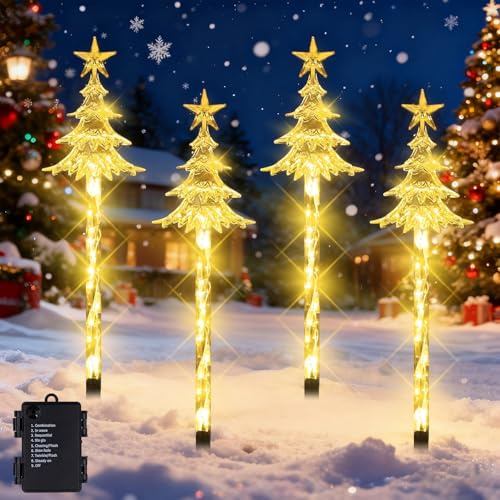 LED Gartenstecker 4er Set,Acryl Weihnachtsbeleuchtung Außen,Garten Deko Beleuchtung,LED Gartenstecker Weihnachten,Weihnachtsdeko Outdoor,Wasserdicht Batterie Gartenleuchte,Garten Lichterkette Außen
