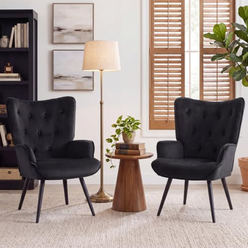 Ckaff Ohrensessel Sessel Wohnzimmer 2er Set, Skandinavischer Stil Relaxsessel Samt mit Hoher Rückenlehne Loungesessel Polstersessel fürs Wohnzimmer Schlafzimmer Arbeitszimmer, Schwarz