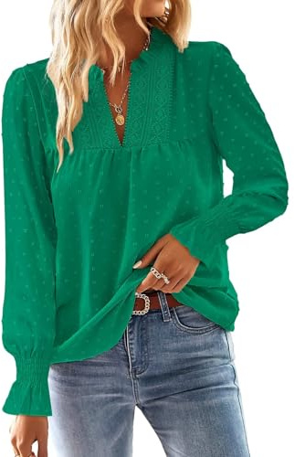 TUUHAW Långärmad T-shirt dam höst elegant v-ringad blus 2025 mode broderi spets topp enfärgad kläder, M