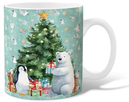 Tasse à café en céramique motif ours polaire, pingouin fantaisie, arbre de Noël, bleu clair, tasse fantaisie avec poignée, cadeau pour amis, famille, collègues, amoureux, personnes âgées, personnes