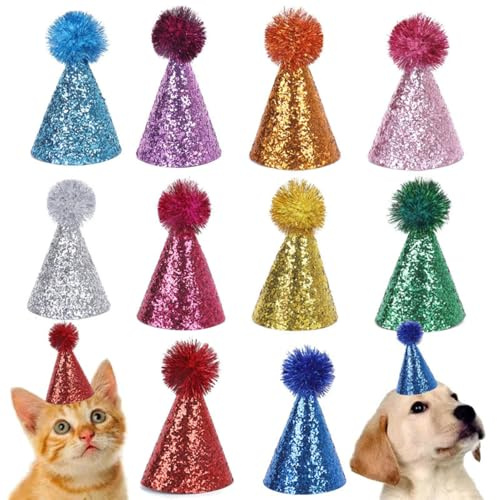 10 sombreros de fiesta para peluches, pequeños sombreros de fiesta en forma de cono, mini para cumpleaños, sombreros de fiesta brillantes para niños, muñecas y mascotas