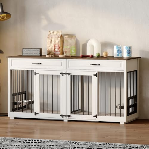 Hundekäfig mit 2 Schubladen und 2 Türen,Hundebox für Innenbereich,Hundehaus mit getrenntem Innenraum Weiß &Braune MDF 164×70×80cm Hundehütte für 2 Hunde