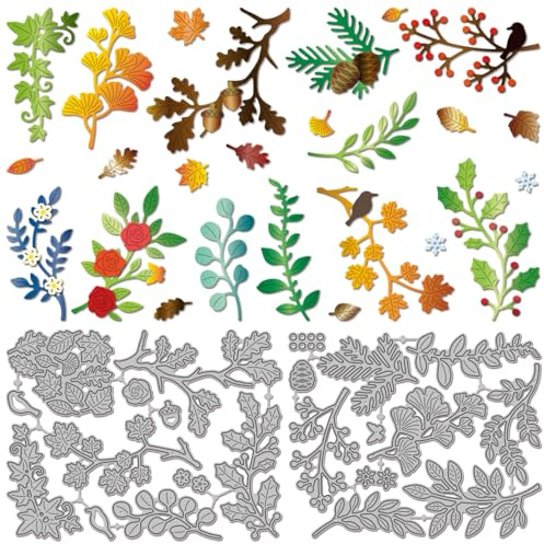 GLOBLELAND Stanzschablonen für Kartenherstellung, Metall-Stanzformen aus Kohlenstoffstahl, 13,8x10,6 cm und 12,6x10,4 cm, 22-teiliges Set mit Blättern, Blumen, Vögeln