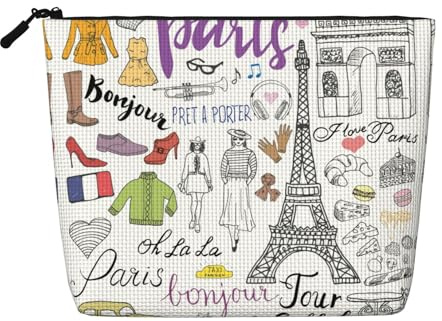 French Paris Tour Eiffel Tower Portable Cosmetics Case Fake Hemp, Large Makeup Bag Water Resistant Travel Toiletry Pouch