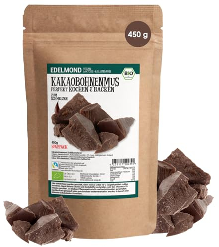 Edelmond Bio Kakaobohnen Mus cremig zum Backen mit Schokolade. Vegane Kuvertüre fast ohne Zucker, hochwertiger als Kakaomasse (450g)
