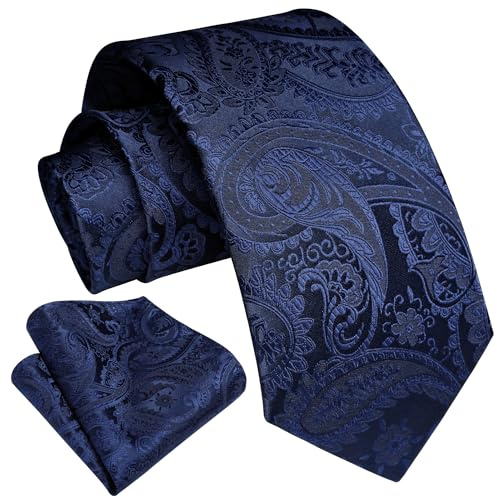 HISDERN Paisley Corbatas de Hombre Modernas Corbata Azul y Pañuelo de Bolsillo a Juego de Color Liso Elegante para Boda Business Azul Marino